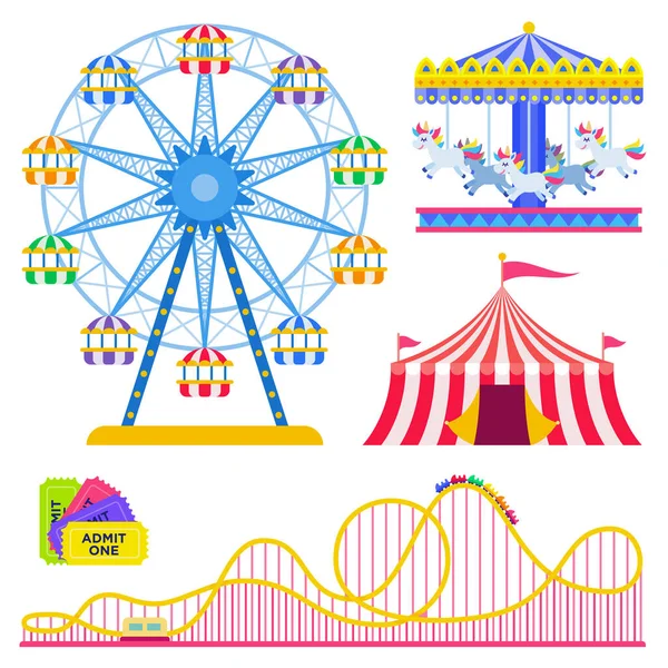 Ensemble de manèges colorés et tente de cirque dans un parc d'attractions illustration vectorielle au design plat — Image vectorielle