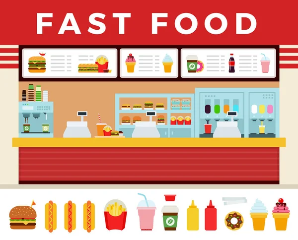 Fast food restaurant interior vector illustration. Fast food hamburger dinner and restaurant, tasty set fast food many meal and unhealthy vector flat set illustration — Stock Vector