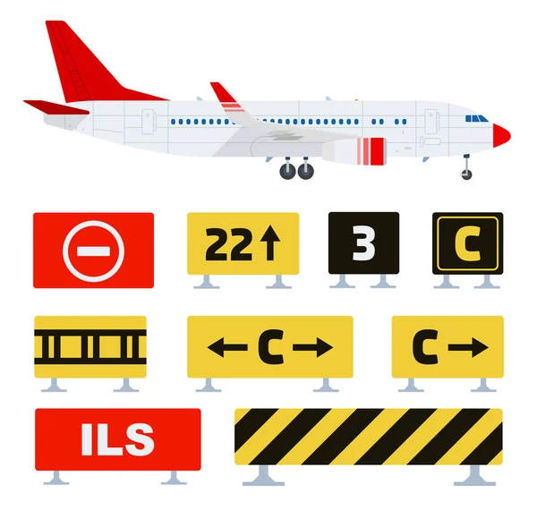 Señales de tráfico del aeropuerto rojo, amarillo, colores negros que indican advertencia, restringiendo el tráfico en el aeropuerto ilustraciones vectoriales aisladas en blanco — Vector de stock
