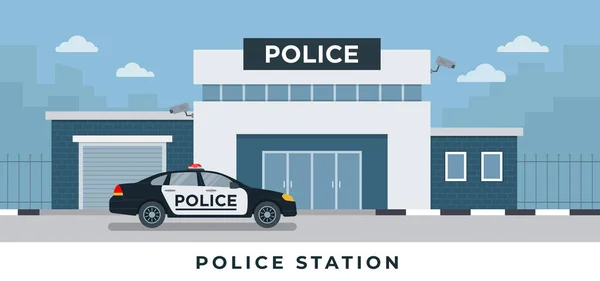Polis karakolu binası, düz stil polis arabasıyla beyaz arka plan vektör setine izole edilmiş.