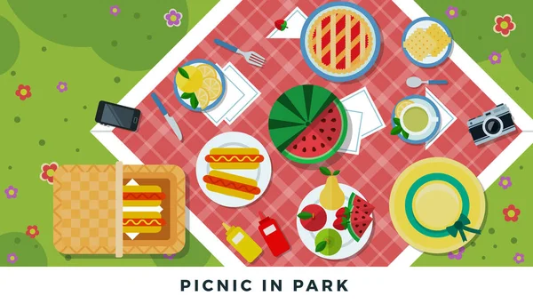 Sommerpicknick im Park Korbkarte Hintergrund. Bestehend aus Cupcakes, Früchten und Sandwiches Vektor flache Set Illustration — Stockvektor