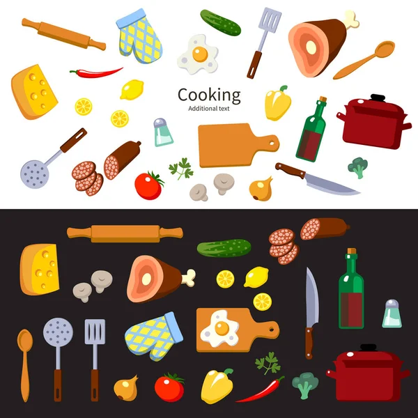 Ensemble d'ustensiles de cuisine et de nourriture pour la cuisine. Illustration vectorielle. — Image vectorielle