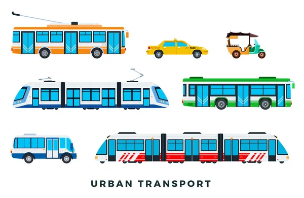 Transporte público. Transporte de carros e veículos da cidade. Ícones de transporte urbano configurados. Ilustração do conjunto plano vetorial —  Vetores de Stock