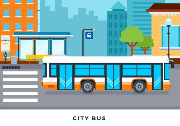 Fermata degli autobus pubblici e dei trasporti nella città vettoriale illustrazione piatta. — Vettoriale Stock