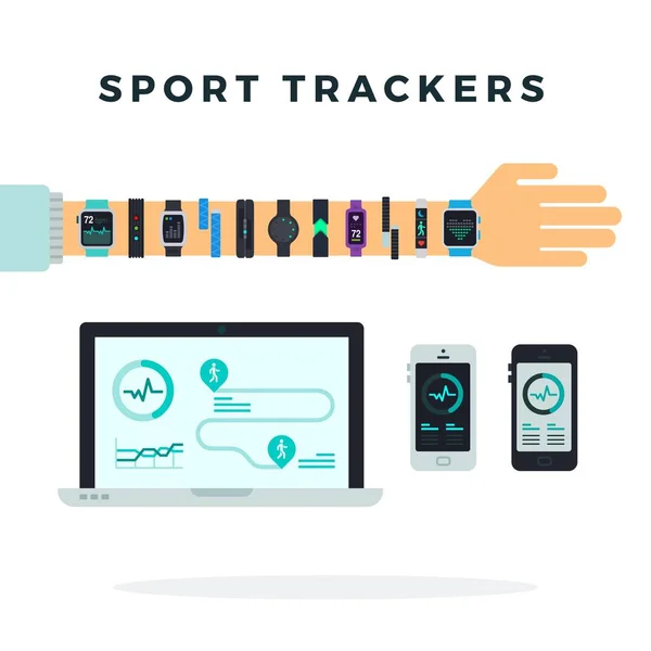 Conjunto de muitos rastreadores de esportes, pulseiras fitness e dispositivos ícone vetor plana isolada. Vetores De Stock Royalty-Free
