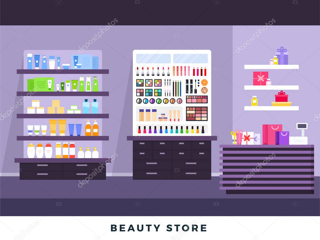 Cosmetics store interior with make up objects, shopping, beauty shop, cosmetic products, health and beauty with products on shelves. Vector flat set illustration