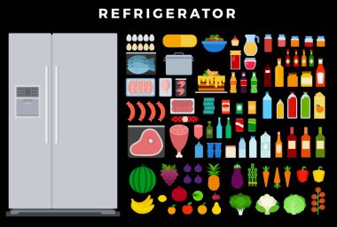 Buzdolabı vektör düzlüğü yumurta, balık, et, sosis, böğürtlen, kek, meyve, sebze, süt, şarap, meyve, yoğurt, bal, konserve mal, peynir, karides, koyu arkaplan sosu