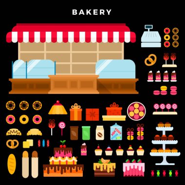 Şekerleme tezgahı ve fırın ürünleri vektör düz set içinde kek, ekmek, çörek, kek, kruvasan, bisküvi, pretzel, badem, kahve, çay, koyu arkaplan üzerinde hediye paketi