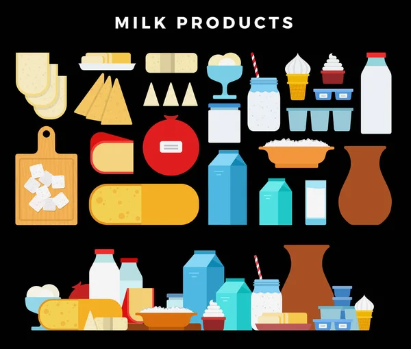Set de iconos de productos lácteos. Escaparate de leche y queso, estante de la tienda. Alimentos de granja sobre fondo oscuro — Vector de stock