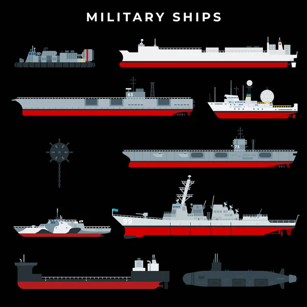 Oorlogsschip ingesteld met boot, schip, vaartuig, slagschip, militair, gewapend, marine. Geïsoleerd op zwarte achtergrond. Donker thema concept — Stockvector