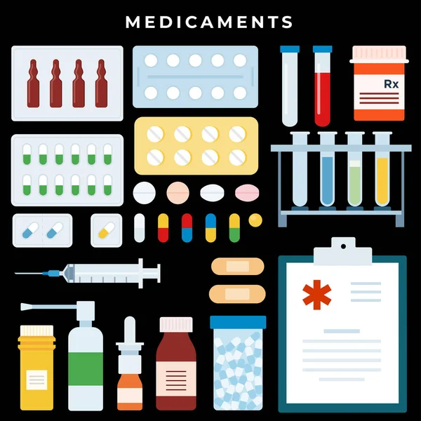 Medycyna i Farmacja. Butelki z narkotykami i pigułki w pęcherzach. Kup leki i leki online na ciemnym tle — Wektor stockowy