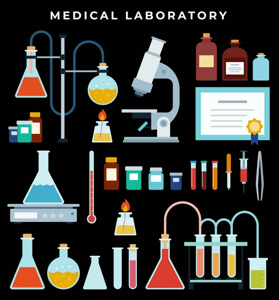 Equipement de laboratoire. Microscope de laboratoire, système de chauffage des fioles, structure des molécules. Flacon, bocal, microscope, pince à épiler, réactifs, bécher sur fond sombre — Image vectorielle