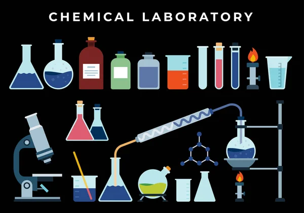 Química, pesquisa de laboratório de ciências farmacêuticas biológicas, análise, ferramentas experimentais. Ilustração isolada com frascos, tubo de ensaio, copo, queimador sobre fundo escuro — Vetor de Stock