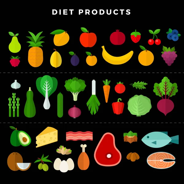 Conjunto de varios alimentos dietéticos, aislados sobre fondo blanco. Ilustración vectorial en estilo plano sobre fondo oscuro — Vector de stock