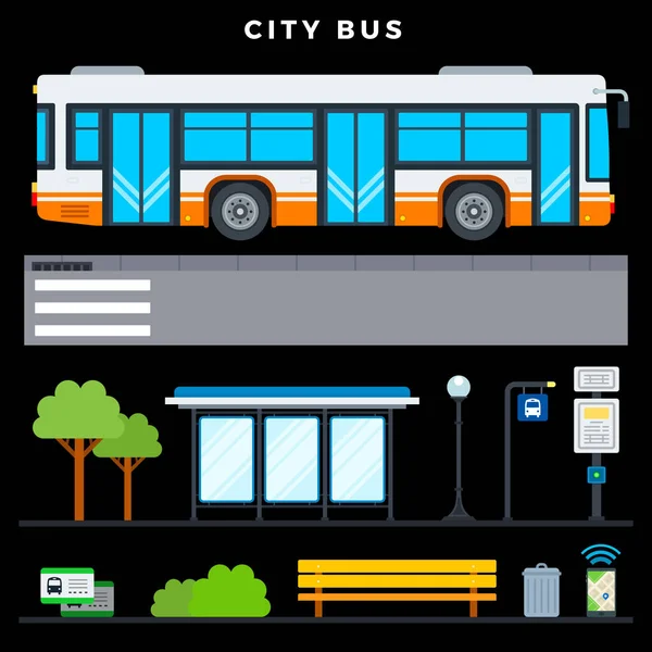 Autobus miejski wektor płaskie ikony zestaw z przystanku transportu publicznego, ławka, latarnia, urna, bilety, telefon nawigacji, przystanek autobusowy znak, przejście i rozkład autobusów na ciemnym tle — Wektor stockowy