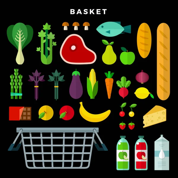 蔬菜、水果、肉类、面包、奶酪、果汁、牛奶、鱼、蘑菇、巧克力、浆果、卷心菜和深色背景食物篮的食品选择 — 图库矢量图片