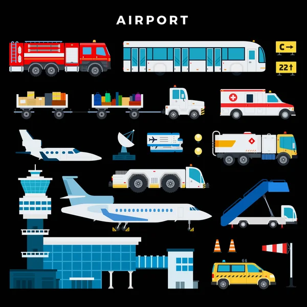 Exterior del aeropuerto. Aviones, diferentes aviones, coches, edificios, entradas, equipaje tema oscuro aislado — Vector de stock