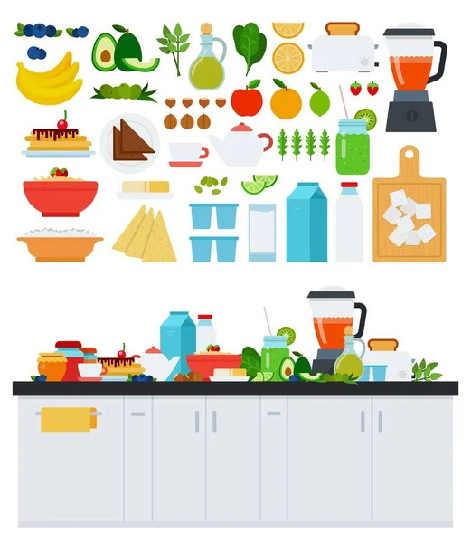 Bild med diverse produkter för en hälsosam frukost vektor illustration i en platt design. — Stock vektor