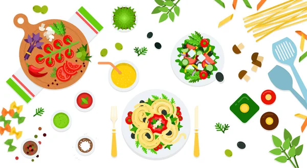 Bild von Pasta, Salat und verschiedenen Zutaten Vektor-Illustration in einem flachen Design. — Stockvektor
