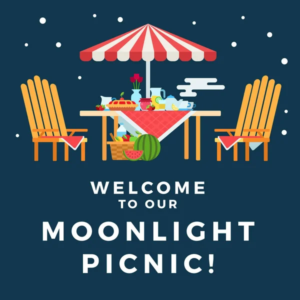 Illustration eines Picknicks unter dem Mondscheinvektor flaches Symbol isoliert — Stockvektor