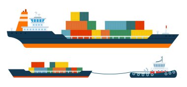 Bir dizi konteyner gemisi ve römorkör düz bir tasarımda kargo gemisi vektör çizimi taşıyor..