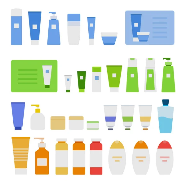 Colección de frascos cosméticos, botellas, contenedores vector icono plano aislado — Vector de stock