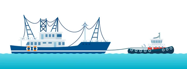 Αλιευτικό σκάφος που τραβιέται από ρυμουλκό στο κύμα διανυσματική απεικόνιση σε επίπεδη σχεδίαση. — Διανυσματικό Αρχείο