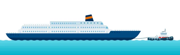 Imagem de uma embarcação de reboque movendo um mar marinho ao longo das ondas do mar ilustração vetorial em um projeto plano. — Vetor de Stock