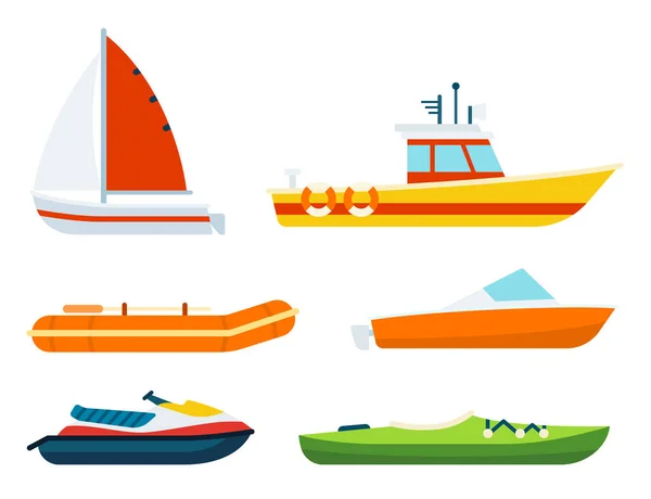 Een set boten van verschillende types en doeleinden vector illustratie in een plat ontwerp. — Stockvector