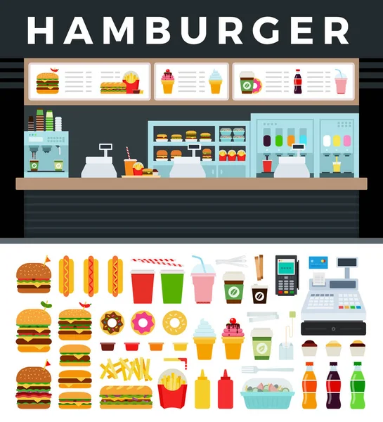 Bild av en snabbmatsbutik med en hamburgerskylt vektor illustration i platt design. — Stock vektor