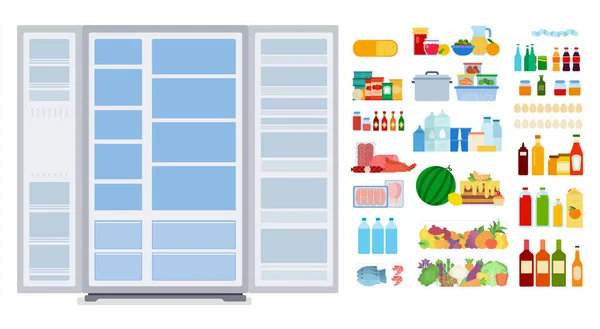 Illusztráció egy üres hűtőszekrény és élelmiszer vektor lapos ikon elszigetelt — Stock Vector