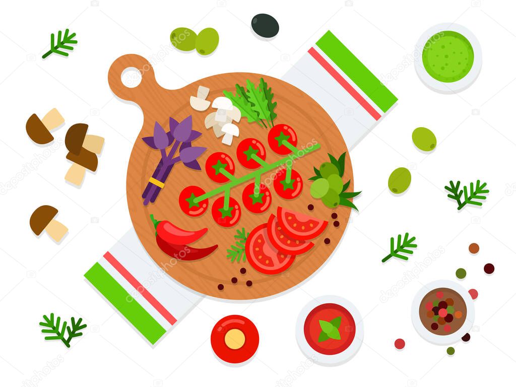 Vegetables and herbs on a cutting board top view vector illustration in a flat design.