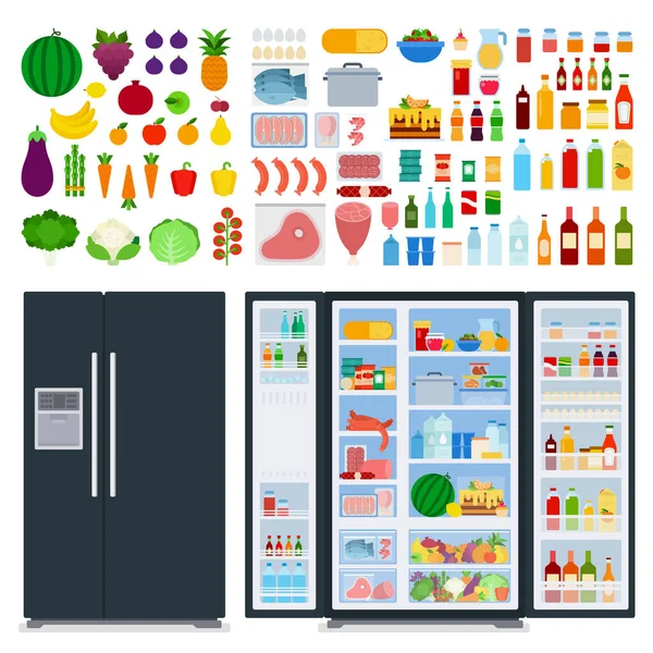 Ilustração de uma variedade de alimentos e um ícone liso preto do vetor do refrigerador isolado —  Vetores de Stock