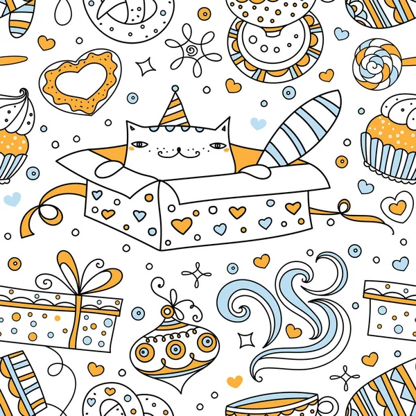 Carte Cadeau Noël Modèle Noël Sans Couture Vectoriel Animaux Chat — Image vectorielle