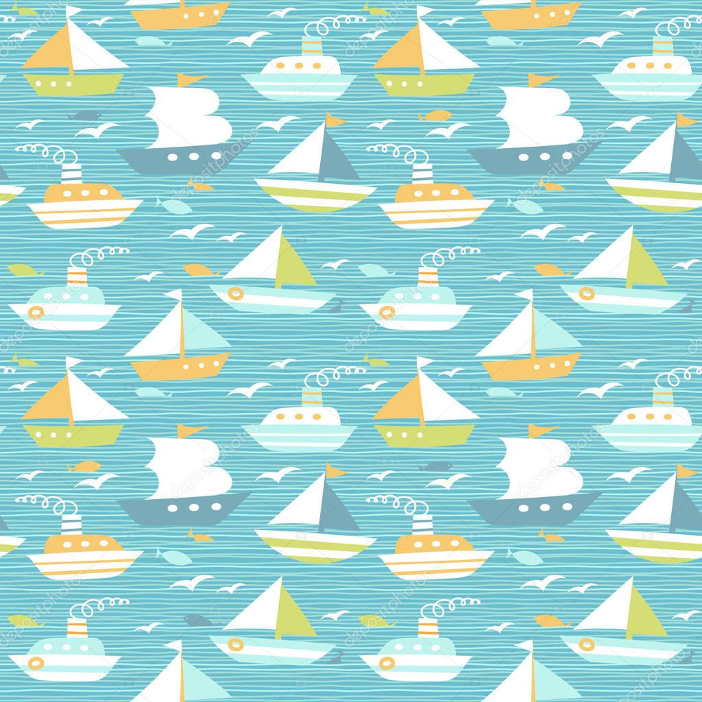 Boat, ship, yacht, sailboat, vessels cruise seamless pattern. Sea water transport illustration. Sports and leisure ocean voyage creative concept.