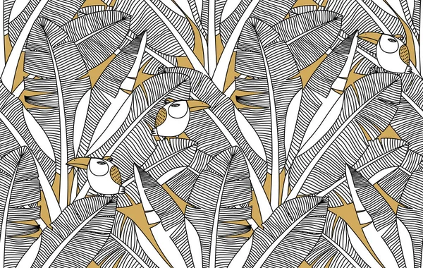 Jungle Feuilles Palmier Exotiques Les Oiseaux Motif Sans Couture Vecteur — Image vectorielle