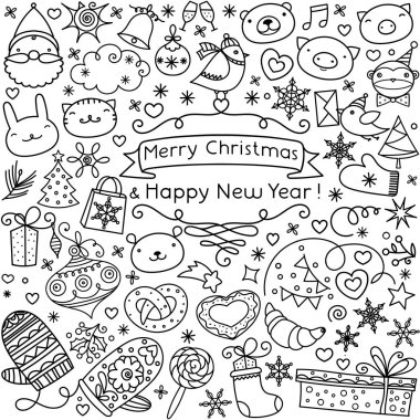 Noel düz simgeleri ayarlayın. El yazısı tebrik işareti. Yeni Yıl kart tasarım elemanları. Xmas desenleri, deocation toplama. 