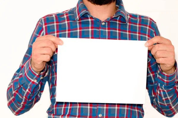 Homem Com Cartaz Cartão Visita Nas Mãos — Fotografia de Stock