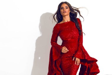Ayakta stüdyo, kapalı çekim, model, güzel yüz, glamour, makyaj, dalgalanan saç, esmer, mükemmel bir vücut, olay, pürüzsüz bir cilt, Güzellik, lüks moda uzun elbise Kırmızılı kadın, fantezi