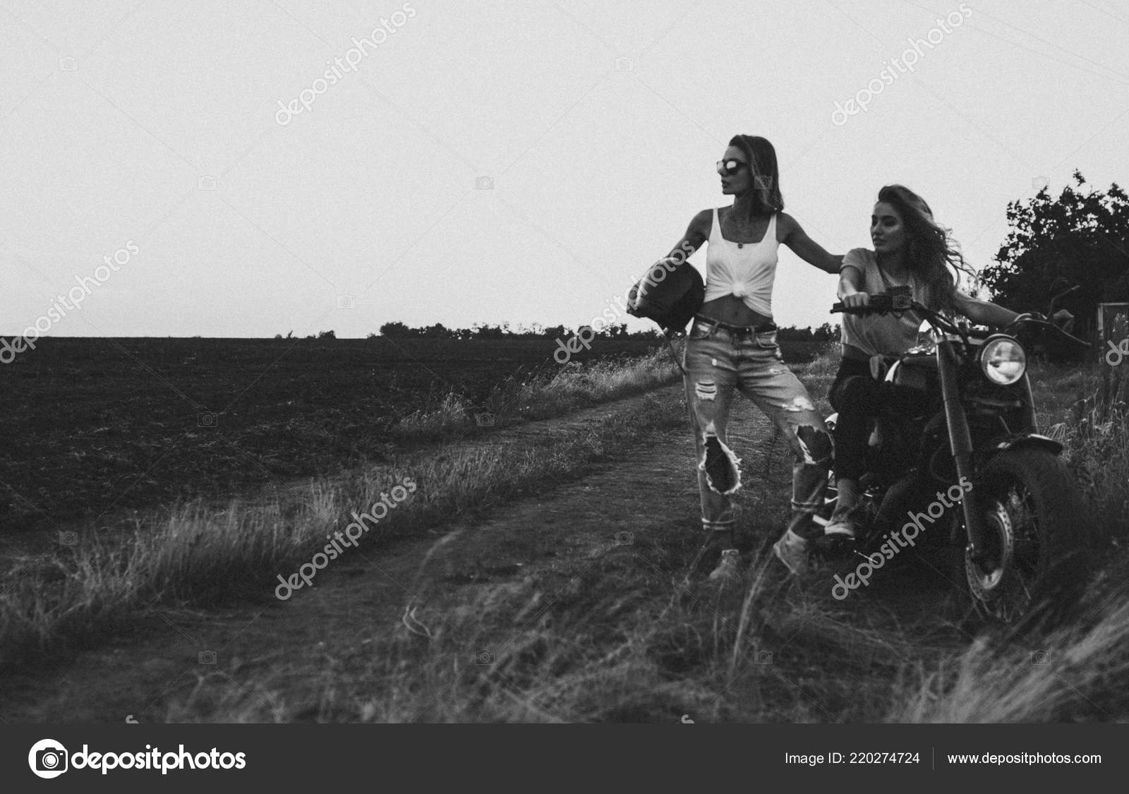 Two Risky Girls Motorcycle Leather Jacket Jeans Helmet Field