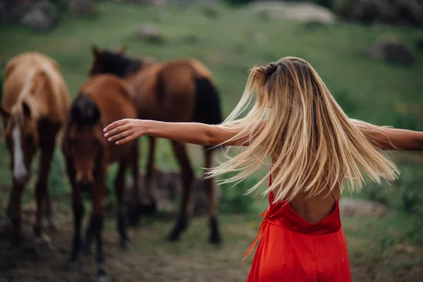穿着红色漂亮的衣服旋转的女孩 她在草地上放牧 — 图库照片