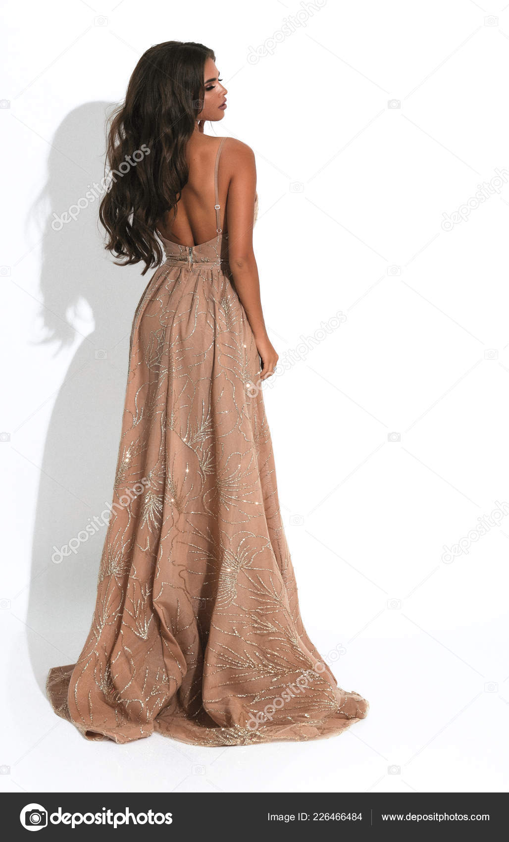 Luxury Girl Evening Golden Long Dress Standing Sideways Hand Head Stock Photo by © 226466484 Luxury Girl Evening Golden Long Dress Standing Sideways Hand Head Stock Photo by © 226466484