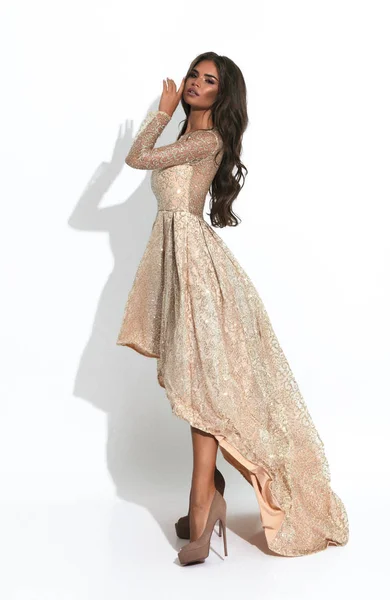 Wonderful Lady Creme Evening Dress Standing Sideways Hand Face Curly — Stock Photo, Image