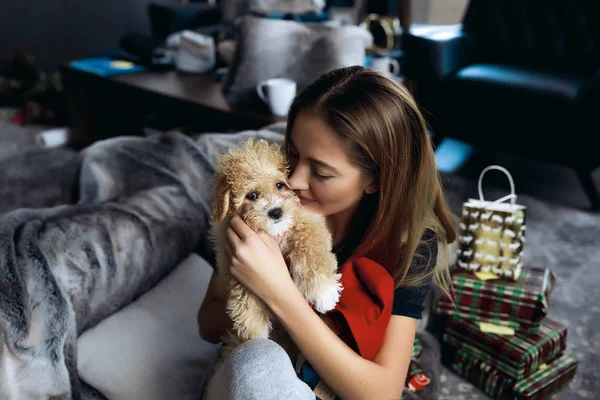Close Picture Best Friends Tender Lady Her Little Doggy Red — Stock Photo, Image