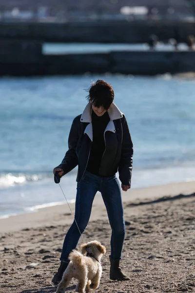 Attractive woman playing with her tiny puppy, running and jumping on the sea beach, sunny spring day. Happy friends spend time together, love and devotion. Waves on the background.