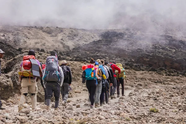 Extreme Tour Till Afrika Klättra Till Toppen Kilimanjaro Molnigt Dag — Stockfoto