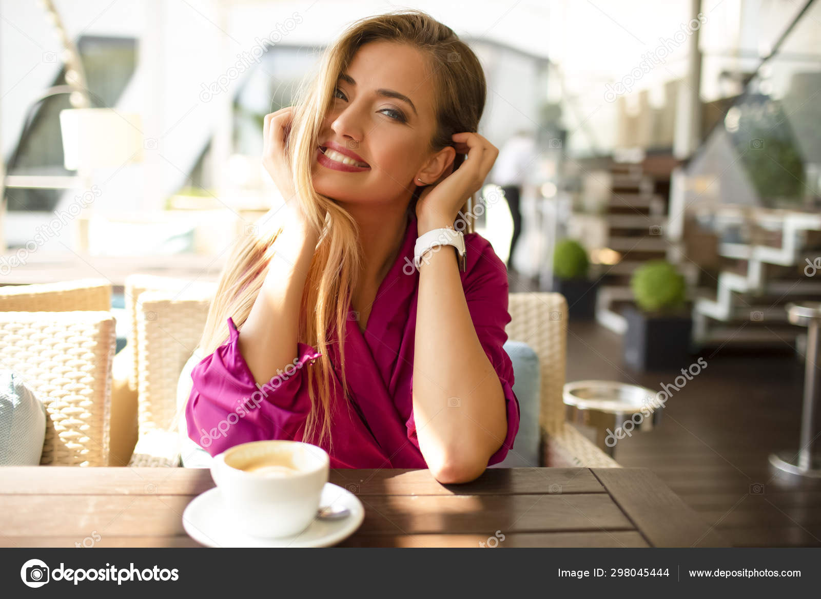 Cheerful Smiling Girl Snow White Teeth Sitting Modern Restaurant