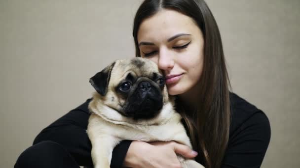 Adorável mulher abraçando sonolento bonito gordura pug cão — Vídeo de Stock