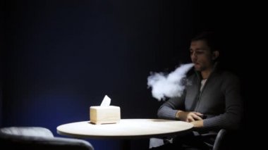 Barda oturan genç adam e-sigara vape karanlık kafede Sigara.