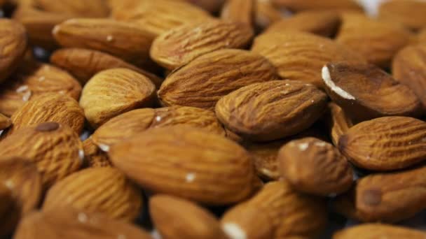 Macro close-up of male hand takes a handful of almonds — Stock Video